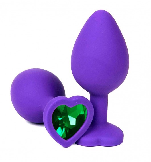 Фиолетовая силиконовая анальная пробка с зеленым стразом-сердцем - 8,5 см. - Vandersex - купить с доставкой в Нижнем Новгороде