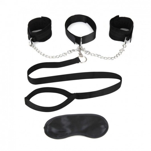 Чёрный ошейник с наручниками и поводком Collar Cuffs   Leash Set - Lux Fetish - купить с доставкой в Нижнем Новгороде