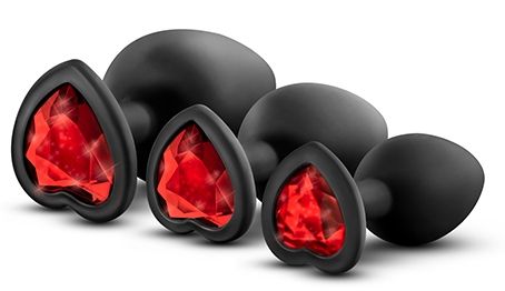 Набор черных анальных пробок с красным кристаллом-сердечком Bling Plugs Training Kit - Blush Novelties - купить с доставкой в Нижнем Новгороде