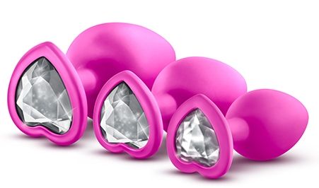 Набор розовых анальных пробок с прозрачным кристаллом-сердечком Bling Plugs Training Kit - Blush Novelties - купить с доставкой в Нижнем Новгороде