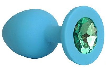 Голубая силиконовая анальная пробка с зеленым кристаллом - 9,5 см. - Bior toys - купить с доставкой в Нижнем Новгороде