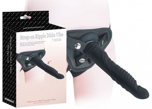 Черный страпон 8 inch Strap-on Ripple Dildo Vibe - 21 см. - Howells - купить с доставкой в Нижнем Новгороде