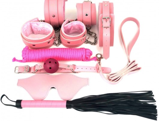 Набор БДСМ в розовом цвете: наручники, поножи, кляп, ошейник с поводком, маска, веревка, плеть - Vandersex - купить с доставкой в Нижнем Новгороде