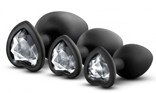 Набор из 3 черных пробок с прозрачным кристаллом-сердечком Bling Plugs Training Kit - Blush Novelties - купить с доставкой в Нижнем Новгороде