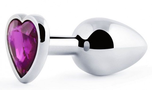 Серебристая анальная пробка с фиолетовым кристаллом-сердечком - 8 см. - Anal Jewelry Plug - купить с доставкой в Нижнем Новгороде