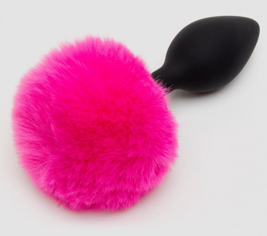 Черная анальная пробка с розовым хвостом Medium Bunny Tail Butt Plug - Happy Rabbit