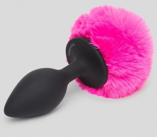 Черная анальная пробка с розовым хвостом Medium Bunny Tail Butt Plug - Happy Rabbit