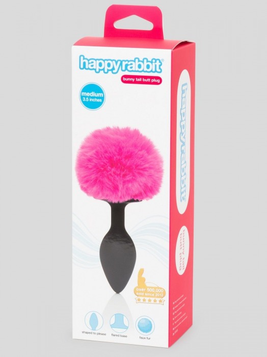Черная анальная пробка с розовым хвостом Medium Bunny Tail Butt Plug - Happy Rabbit