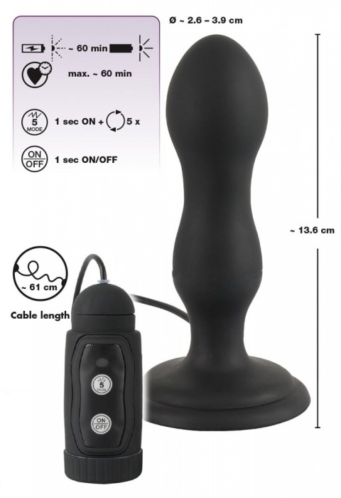 Черная анальная вибропробка с вращением Butt Plug - 13,6 см. - Orion