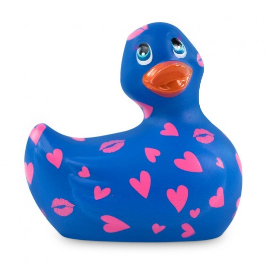 Синий вибратор-уточка I Rub My Duckie 2.0 Romance с розовым принтом - Big Teaze Toys - купить с доставкой в Нижнем Новгороде