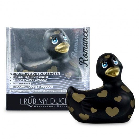Черный вибратор-уточка I Rub My Duckie 2.0 Romance с золотистым принтом - Big Teaze Toys - купить с доставкой в Нижнем Новгороде