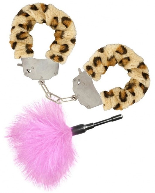 Эротический набор: леопардовые наручники и розовая пуховка - Toy Joy - купить с доставкой в Нижнем Новгороде
