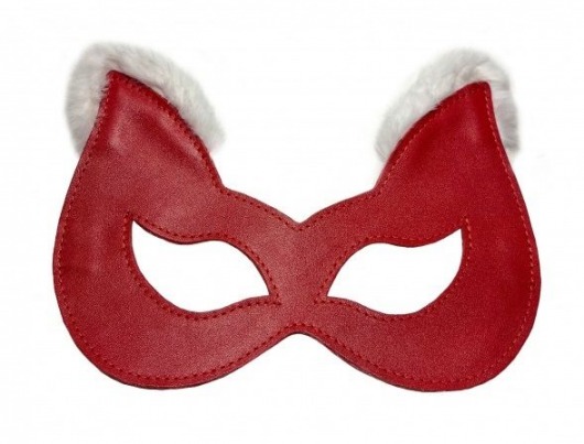 Красная маска из натуральной кожи с белым мехом на ушках - БДСМ Арсенал - купить с доставкой в Нижнем Новгороде