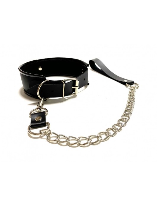 Черный ошейник с поводком из эко-кожи - БДСМ Арсенал - купить с доставкой в Нижнем Новгороде