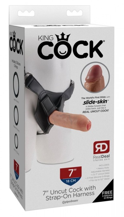 Страпон с телесной насадкой 7  Uncut with Strap on Harness - 18 см. - Pipedream - купить с доставкой в Нижнем Новгороде