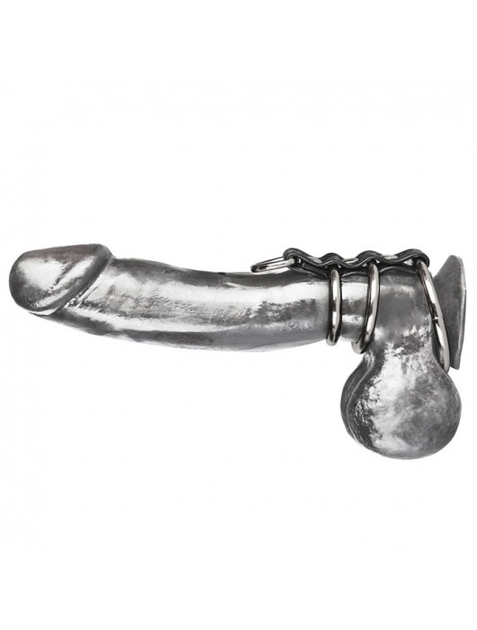 Хомут на пенис из трех металлических колец и кольца для привязи 3 RING GATES OF HELL - BlueLine - купить с доставкой в Нижнем Новгороде