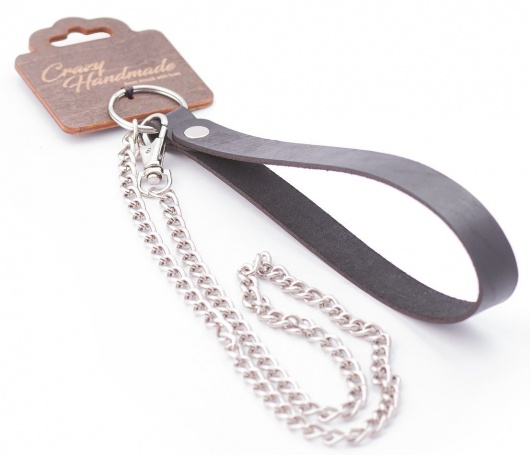 Серебристый металлический поводок с кожаной черной ручкой - 80 см. - Crazy Handmade - купить с доставкой в Нижнем Новгороде