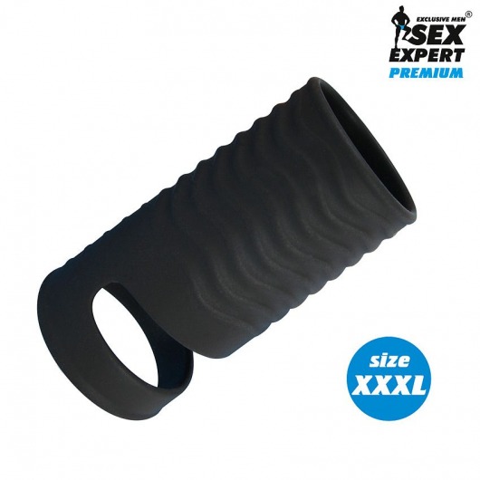 Черная открытая насадка на пенис с кольцом для мошонки XXXL-size - 9,9 см. - Sex Expert - в Нижнем Новгороде купить с доставкой