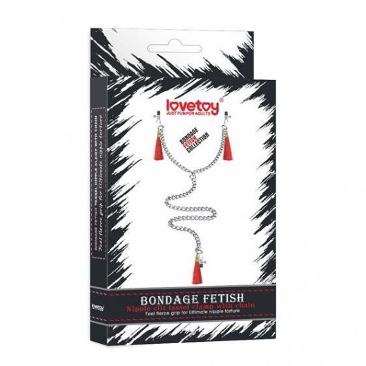 Зажимы на соски и клитор с игривыми красными кисточками Nipple Clit Tassel Clamp With Chain - Lovetoy - купить с доставкой в Нижнем Новгороде