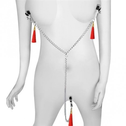 Зажимы на соски и клитор с игривыми красными кисточками Nipple Clit Tassel Clamp With Chain - Lovetoy - купить с доставкой в Нижнем Новгороде