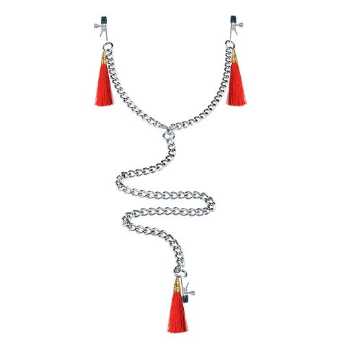 Зажимы на соски и клитор с игривыми красными кисточками Nipple Clit Tassel Clamp With Chain - Lovetoy - купить с доставкой в Нижнем Новгороде