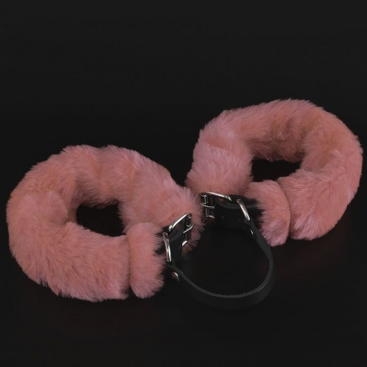 Черные кожаные оковы со съемной розовой опушкой - Sitabella - купить с доставкой в Нижнем Новгороде