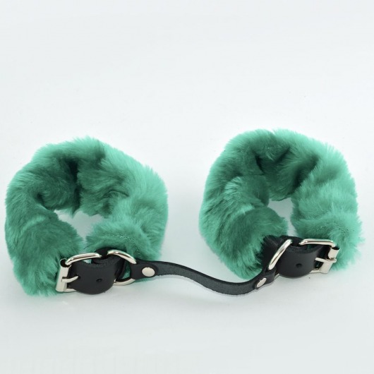 Черные кожаные наручники со съемной зеленой опушкой - Sitabella - купить с доставкой в Нижнем Новгороде