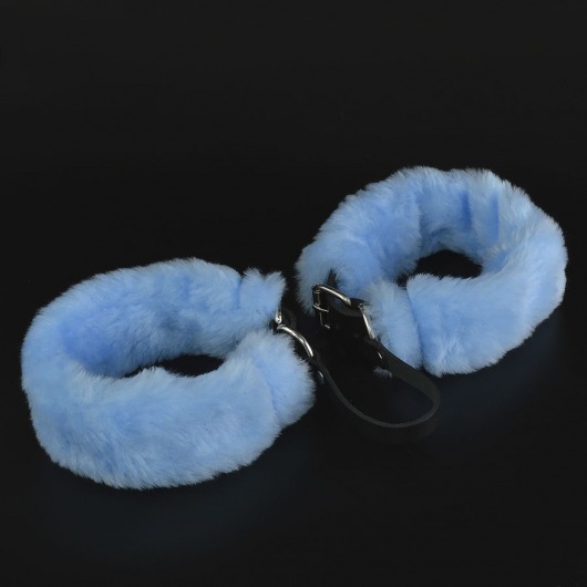 Черные кожаные оковы со съемной голубой опушкой - Sitabella - купить с доставкой в Нижнем Новгороде