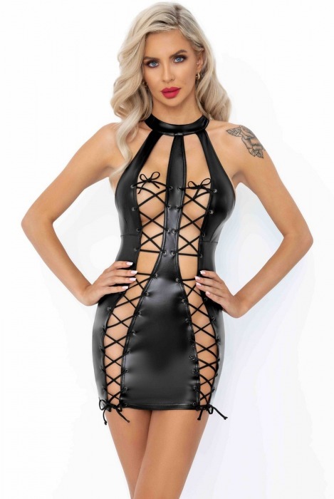 Сексуальное мини-платье с двойной шнуровкой Powerwetlook dress with double lace-up front - Noir Handmade купить с доставкой