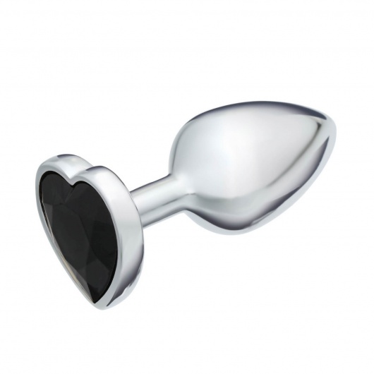 Серебристая анальная пробка с чёрным кристаллом в форме сердца - 7 см. - Сима-Ленд