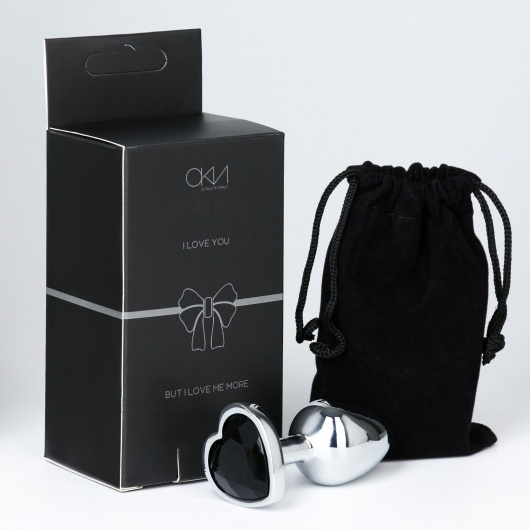 Серебристая анальная пробка с чёрным кристаллом в форме сердца - 7 см. - Сима-Ленд