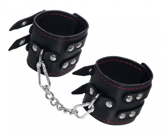 Черные кожаные наручники с двумя ремнями и контрастной строчкой - Pecado - купить с доставкой в Нижнем Новгороде
