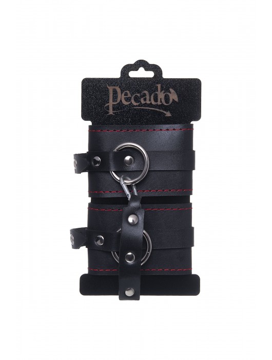 Черные кожаные однослойные оковы с контрастной строчкой - Pecado - купить с доставкой в Нижнем Новгороде