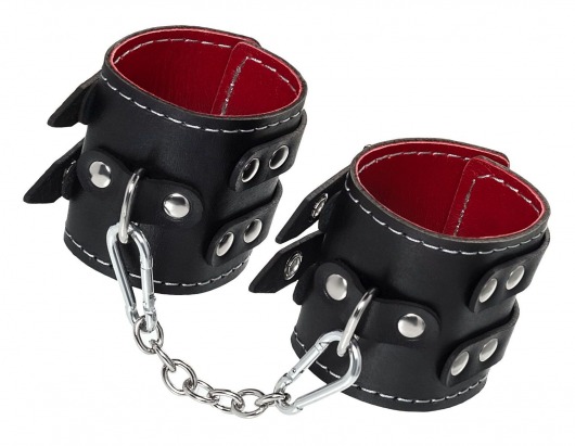 Черные кожаные наручники с двумя ремнями и красной подкладкой - Pecado - купить с доставкой в Нижнем Новгороде