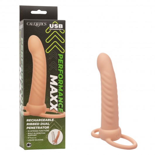 Телесная насадка для двойного проникновения Rechargeable Ribbed Dual Penetrator с вибрацией - California Exotic Novelties - купить с доставкой в Нижнем Новгороде