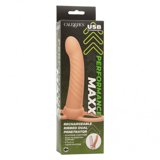 Телесная насадка для двойного проникновения Rechargeable Ribbed Dual Penetrator с вибрацией - California Exotic Novelties - купить с доставкой в Нижнем Новгороде