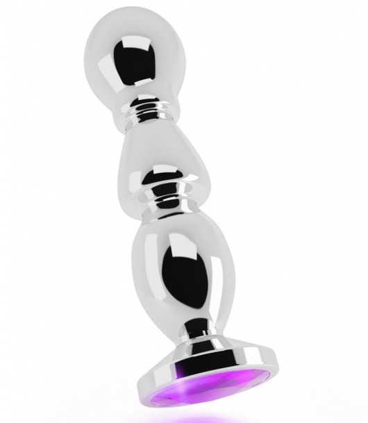 Серебристая фигурная анальная пробка с фиолетовым кристаллом - 14 см. - Shots Media BV - купить с доставкой в Нижнем Новгороде