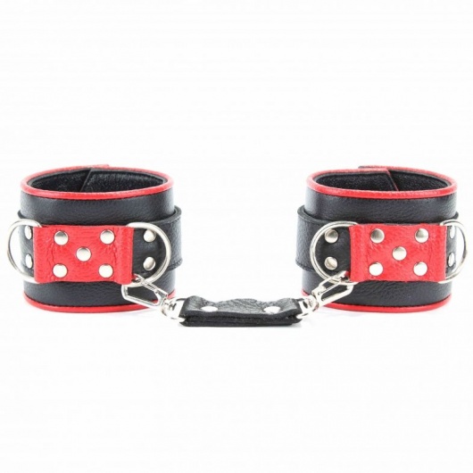 Широкие черные наручники с красным декором - БДСМ Арсенал - купить с доставкой в Нижнем Новгороде
