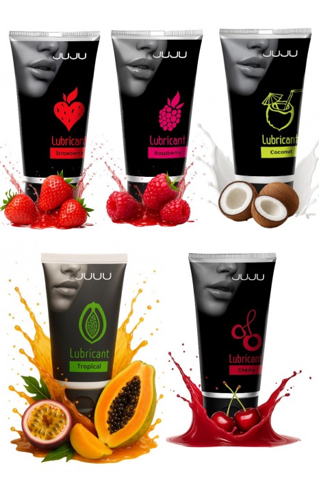 Набор из 5 съедобных лубрикантов JUJU (клубника, малина, тропические фрукты, вишня, кокос) - JuJu - купить с доставкой в Нижнем Новгороде
