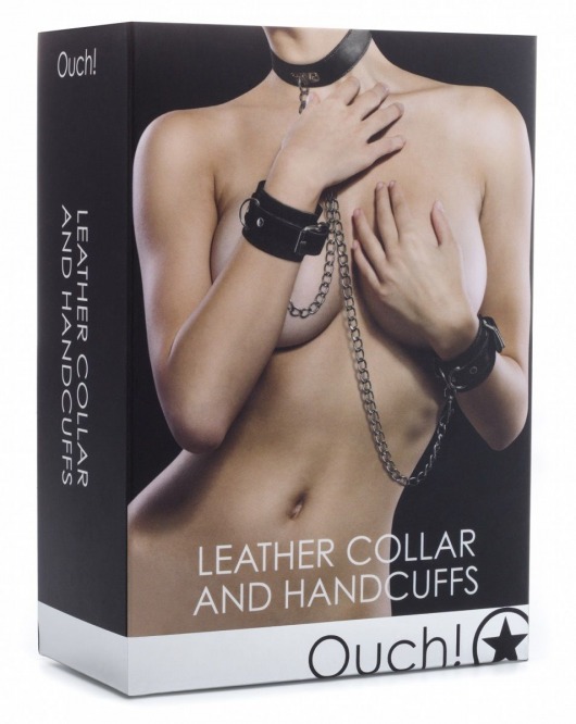 Чёрный комплект для бондажа Leather Collar and Handcuffs - Shots Media BV - купить с доставкой в Нижнем Новгороде
