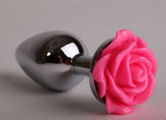 Серебристая анальная пробка с розовой розочкой - 8 см. - 4sexdreaM - купить с доставкой в Нижнем Новгороде
