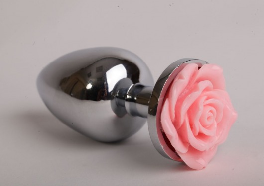 Серебристая анальная пробка со светло-розовой розочкой - 8 см. - 4sexdreaM - купить с доставкой в Нижнем Новгороде