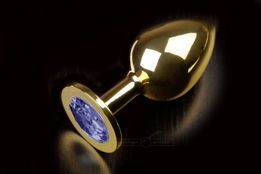 Большая золотая анальная пробка с закругленным кончиком и синим кристаллом - 9 см. - Пикантные штучки - купить с доставкой в Нижнем Новгороде