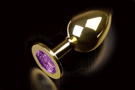 Большая золотая анальная пробка с закругленным кончиком и фиолетовым кристаллом - 9 см. - Пикантные штучки - купить с доставкой в Нижнем Новгороде
