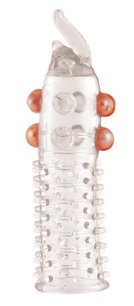 Гелевая прозрачная насадка с шариками, шипами и усиком - 11 см. - Toyfa Basic - в Нижнем Новгороде купить с доставкой
