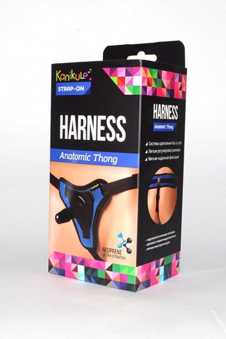 Сине-чёрные трусики с плугом Kanikule Strap-on Harness Anatomic Thong - Kanikule - купить с доставкой в Нижнем Новгороде