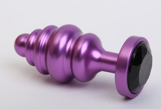 Фиолетовая ребристая анальная пробка с чёрным кристаллом - 7,3 см. - 4sexdreaM - купить с доставкой в Нижнем Новгороде