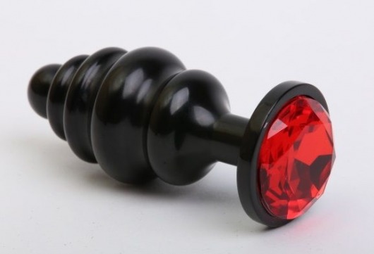 Чёрная ребристая анальная пробка с красным кристаллом - 7,3 см. - 4sexdreaM - купить с доставкой в Нижнем Новгороде