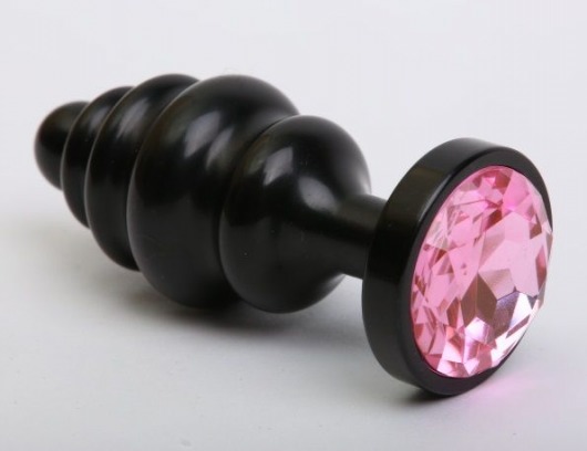 Чёрная ребристая анальная пробка с розовым кристаллом - 7,3 см. - 4sexdreaM - купить с доставкой в Нижнем Новгороде