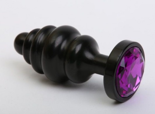 Чёрная ребристая анальная пробка с фиолетовым кристаллом - 7,3 см. - 4sexdreaM - купить с доставкой в Нижнем Новгороде